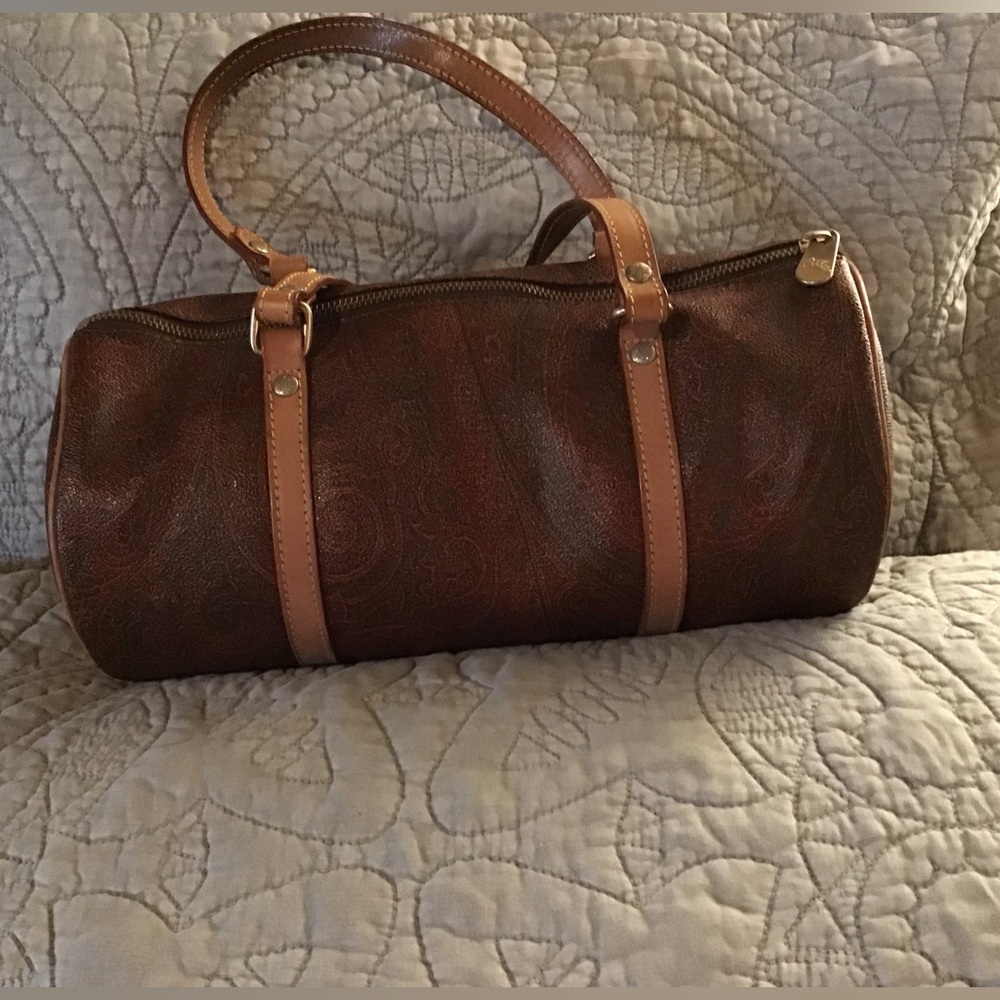 EUC ETRO Burgandy Paisley Cylinder Leather Barrel Shoulder Small Size Bag